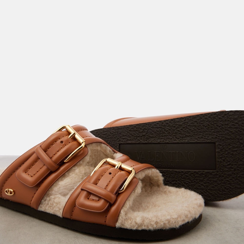 Valentino Brown Leather Slide Sandals with Gold Buckles